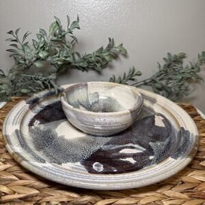 VTG Signed Studio Art Pottery Chip, Dip Bowl Stoneware Platter Crystalline 12.5”